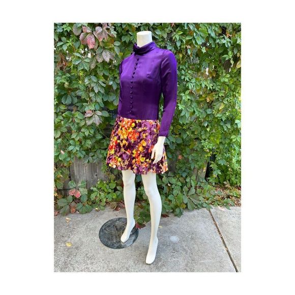 60s Scooter Dress Royal Purple Satin & Multicolor Floral Velvet Drop Waist Sm - Picture 2 of 16